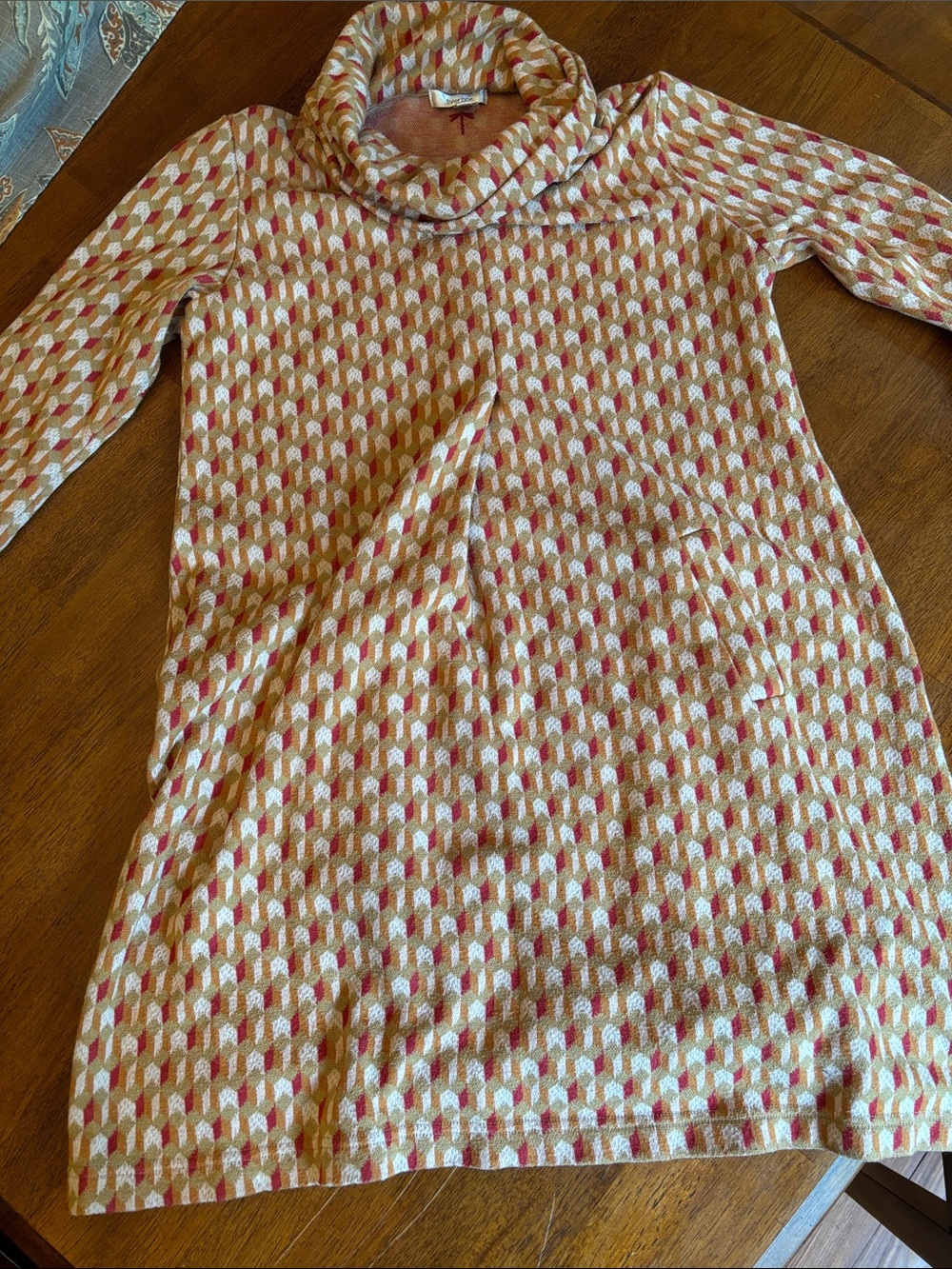 Tyler Boe Red and Tan Geo Cowl Neck Shift Dress with front pockets